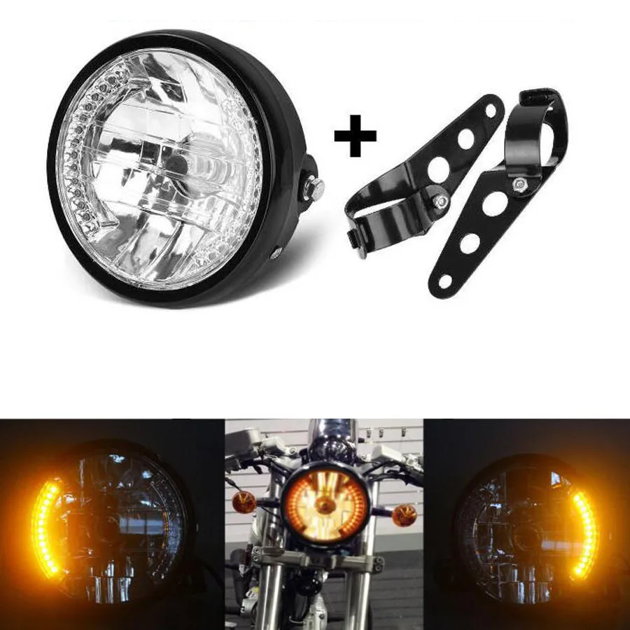 

YAQUICKA 7'' Black Shell Motorcycle White LED Headlight Amber Turn Signal Light Lamp With Mount Bracket