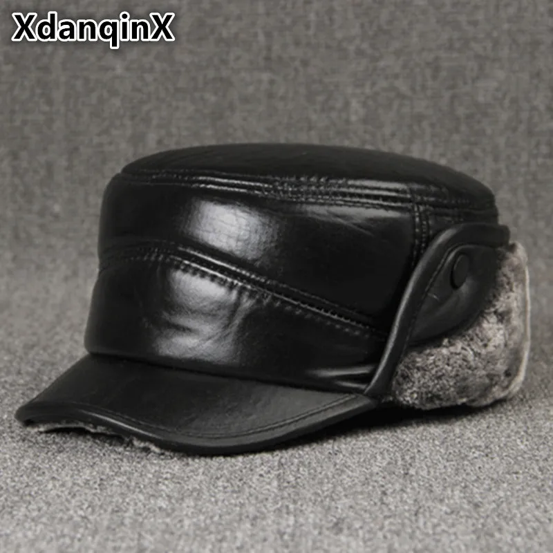 XdanqinX Genuine Leather Men's Winter Hats Plus Velvet Thick Fur Warm Sheepskin Military Hat With Ears Windproof Dad's Flat Cap image_0