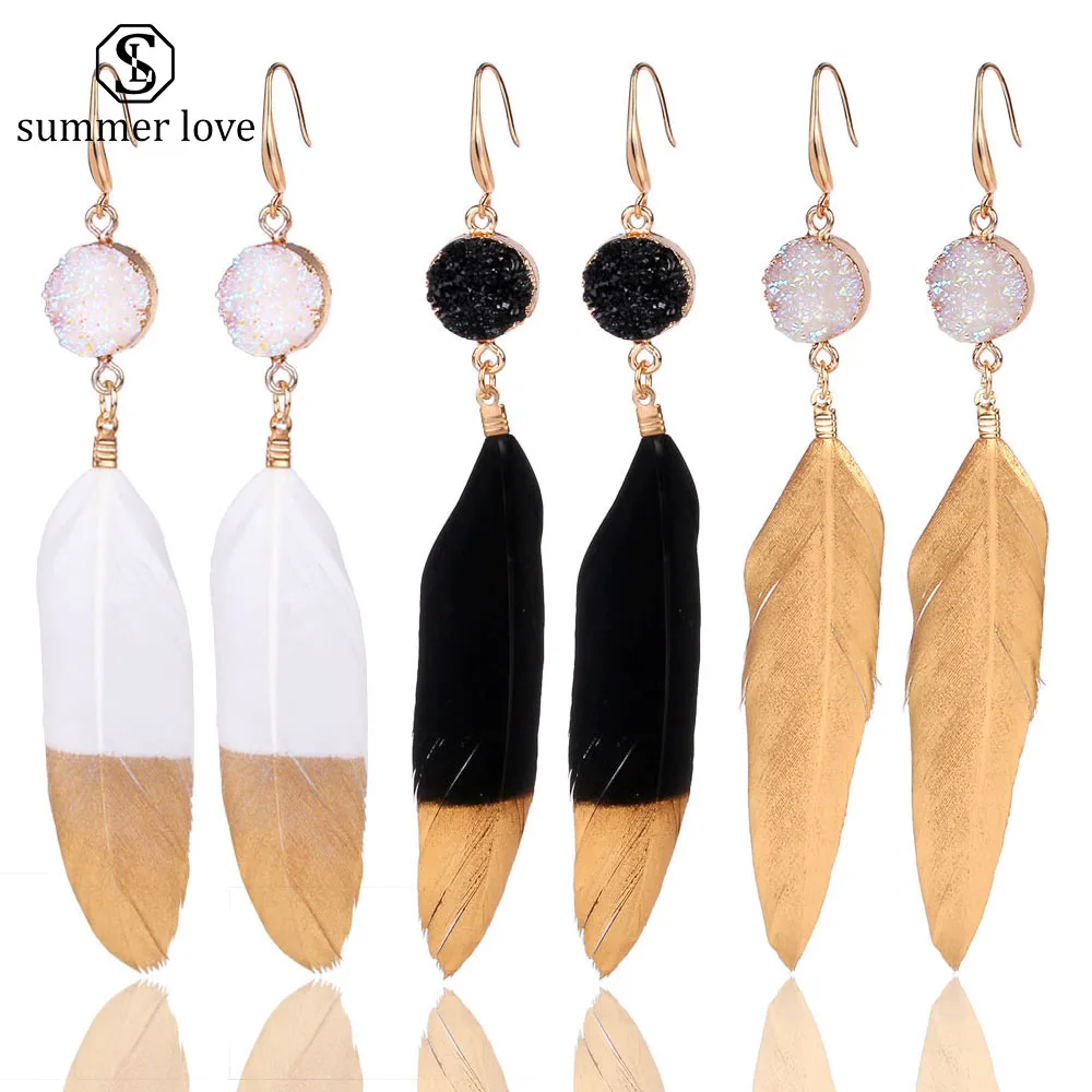 

Bohemian Vintage Natural Feather Earrings For Women Drusy Resin Long Dangle Drop Earrings Fashion Jewelry Female Accessories