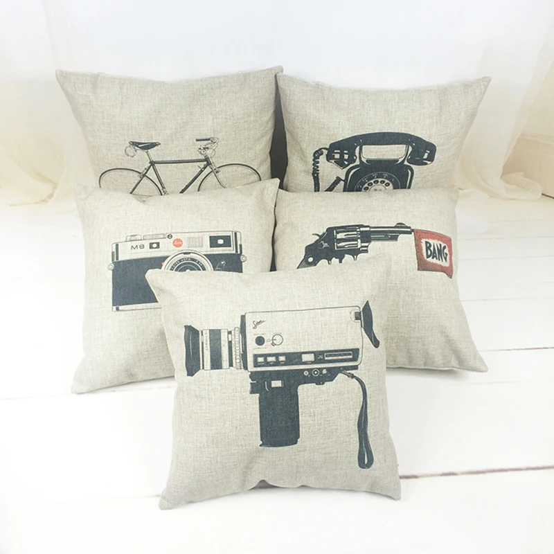 Best Vintage style classic decorative throw pillowcase Camera phone bicycle pistol retro cushion cover for sofa home almofadas