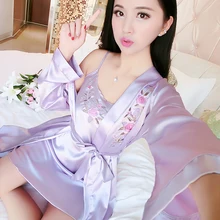 Сексуальный халат из двух частей на бретельках, женская пижама с рукавами, шелковая домашняя женская одежда на весну и осень