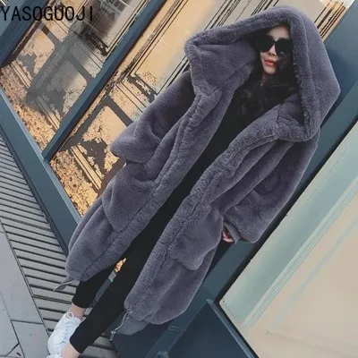 

YASUGUOJI new 2018 thick warm faux fur long coat women fashion Zipper hooded Rex Rabbit Fur winter coat women teddy coat LPC4