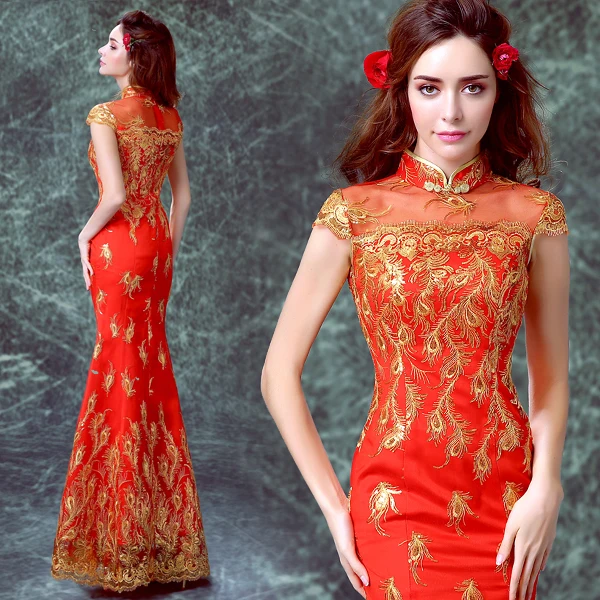 

chinese traditional dress red long mermaid lace for women qipao cheongsam plus size 2017 wedding phoenix style bride satin gold