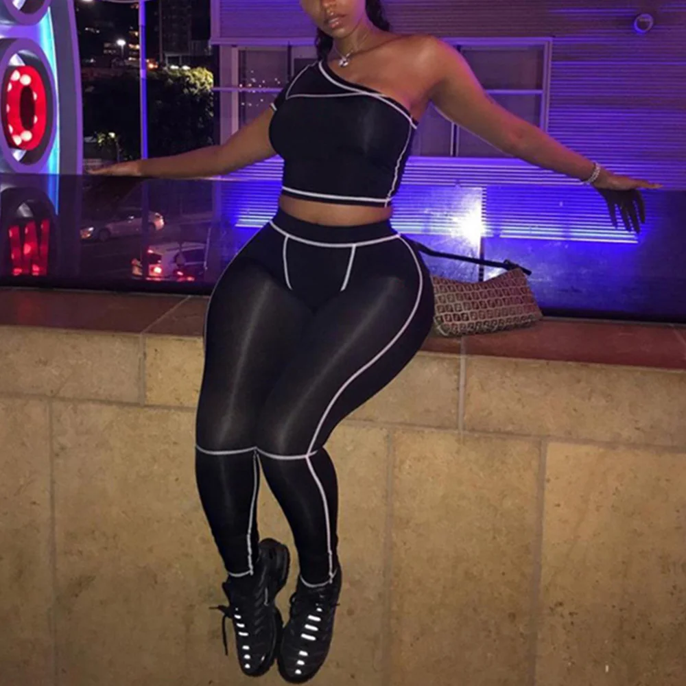Women Summer Tracksuit Skinny Crop Top Pants Elastic Waist Bodycon Black One Shoulder Leggings Running Jogging Fitness Sportwear