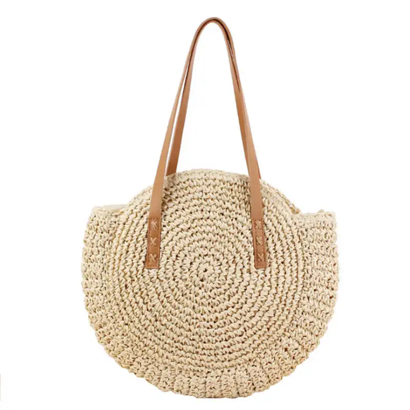 

Round Straw Beach Bag Vintage Handmade Woven Shoulder Bag Raffia Circle Rattan Bags Bohemian Summer Vacation Casual Bags