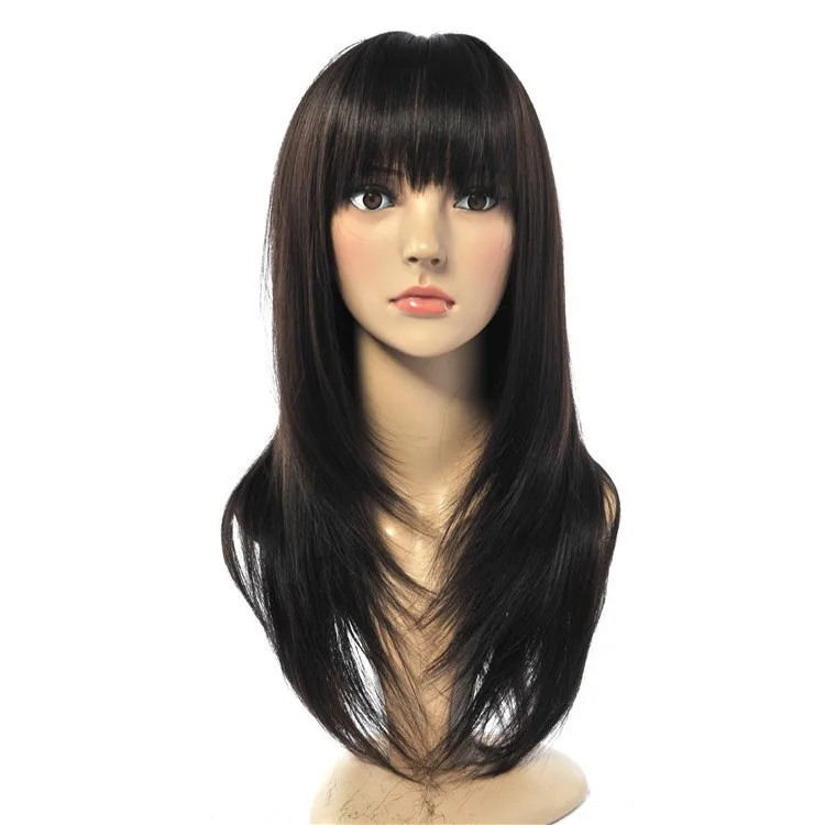 

2016 New Fashion Lady Full Bang Natural Black Dark Brown Long Straight Full Lace Wigs Puffy Syntheitc/fake Hair for Women