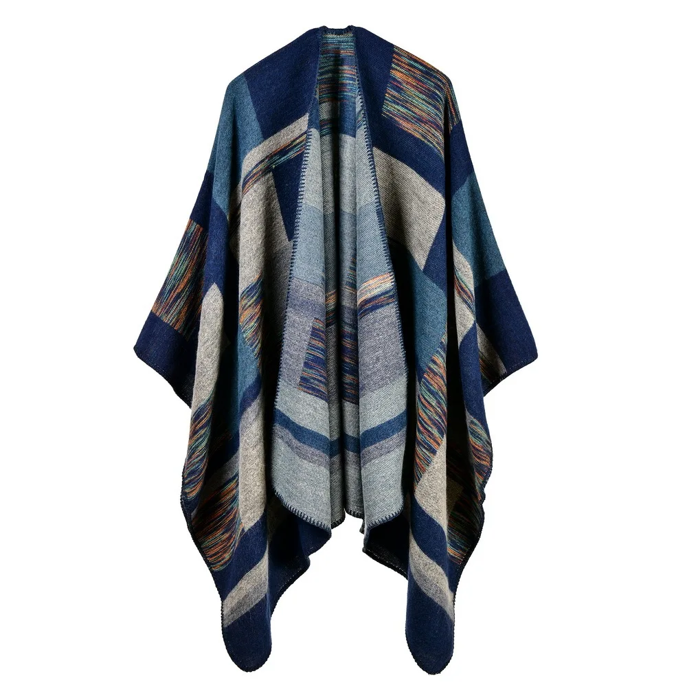 New cashmere ponchos women Jacquard weave block Color strip shawl wrap