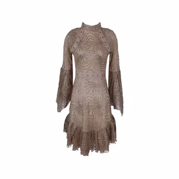 

2019 MiniDress Sexy Celebrity Full Print Lace Flare Sleeve Women Turleneck Night Club Strapless Body con Party Dresses Wholesale