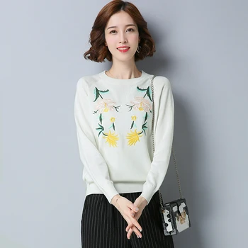 

Women's Cashmere Floral Sweater Pullovers Elegant Lady Embroidery Flowers Knit Sweater Long Sleeve Jumpers