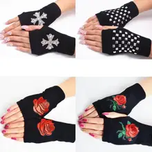 Женские вязаные перчатки без пальцев, дамские перчатки осень-зима, стразы, Зимняя перчатка в заклепках, цветочный принт, перчатки для вождения R295