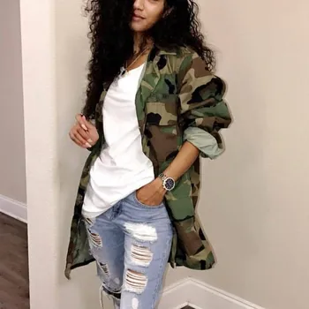 

Women Camouflage Plus Size Jacket Pockets 2019 New Loose Turn-Down Collar Camo Jacket Casual Long Sleeve Long Jacket Coat