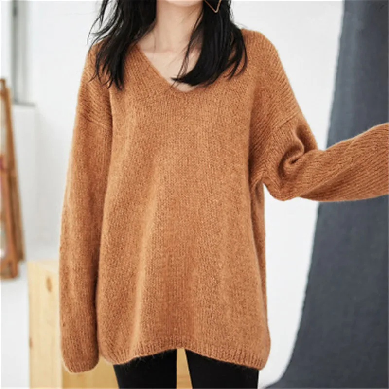 100% шерстяной, ручной работы Vneck вязать для женщин уличная Твердые Свободный пуловер свитер один и более размеры
