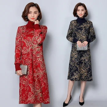 

Autumn winter Vintage Chinese style female warm and long Dresses Print Dresses cotton and linen thick dress Turtleneck dress