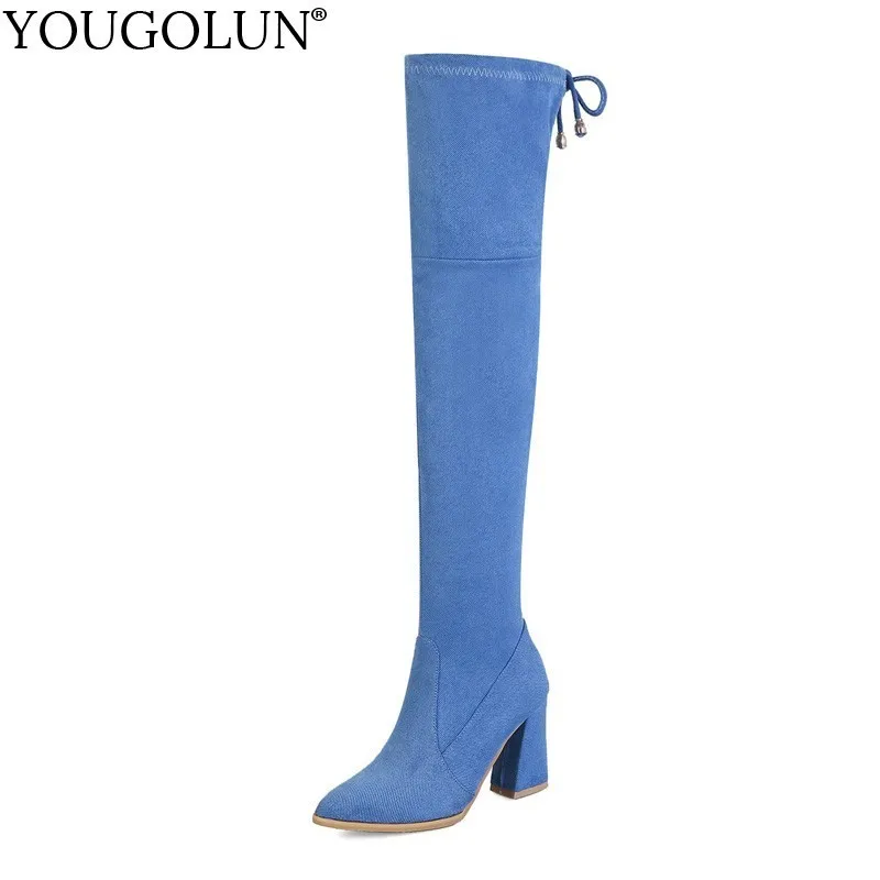 

Thigh High Denim Boots Women New Autumn Winter High Heels Shoes A291 Fashion Sexy Ladies Black Blue Gray Over Knee High Boots