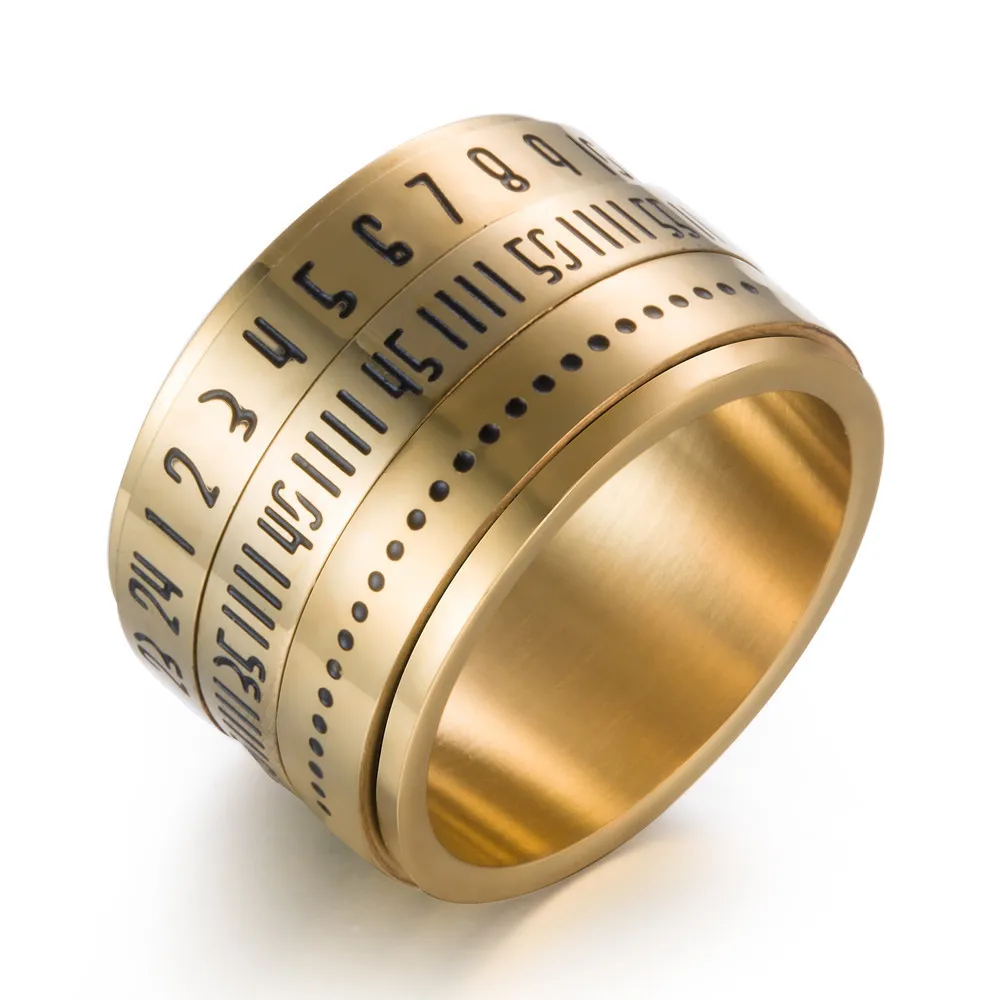 

3 Color Rotatable 316 Stainless Steel Date Ring Geometric Round Signet Rings Mens Fashion Jewelry Gold/Silver/Black Color