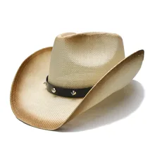 Женская летняя соломенный с широкими полями в стиле панк, Пляжная Западная пастушка, фетровая ковбойская шляпа с заклепками, кожаный ремешок(один размер 58 см