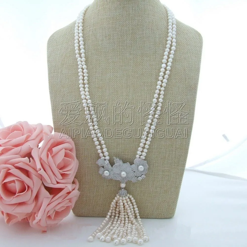 

N063004 26" 2 Strands White Pearl Necklace CZ Pendant