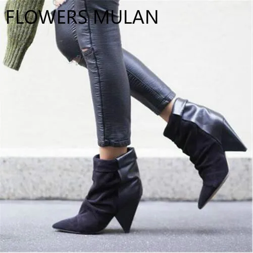 

Hot Andrew Women Boots Spike High Heel Ankle Boots Slip On Leather Suede Patchwork Autumn Winter Boots Botas Mujer Shoes