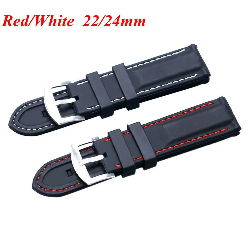 

Ourdoor Military Waterproof Black 22/24mm Bracelet Replacement Soft Red Line Stitching Silicone Watch Strap Band