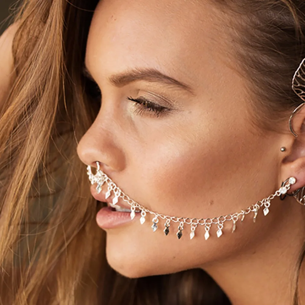 

Fashion European And American Personality Punk Sexy Alloy Women Earrings Geometric Tassel Chain Earrings Nose Clip #249355