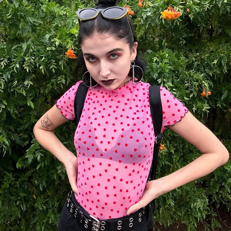 

InstaHot Pink Mesh Short Sleeve T Shirts Women Heart Printed Transparent Ruffles Crop Tops O Neck Stretchy See Through Tees 2019