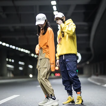 

DUYOU 2019 Loose Fit Elastic Waist Cargo Pants Street Ankle Banded Pants Large Pockets Casual Pants Fashion Cargo Pants