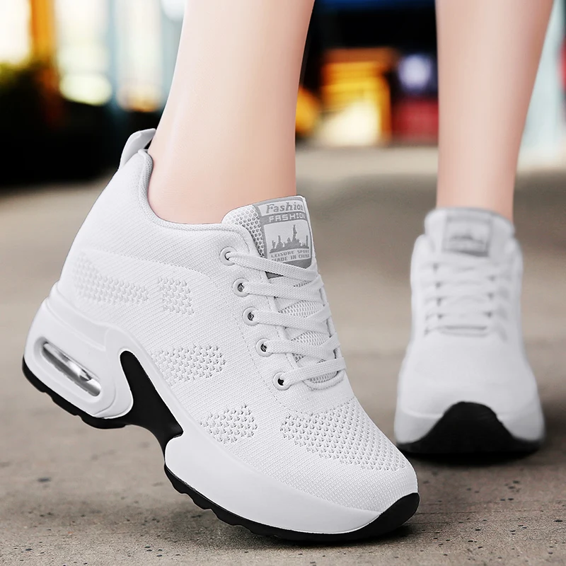 WADNASO Flying Knitting Fashion Sneakers Women Hide Heels Casual Shoes Breathable Platform Sneakers Wedge White Shoes XZ120 (37)