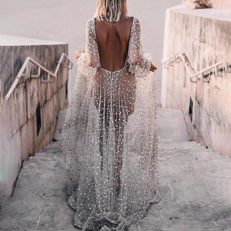 

Lace Wedding Bridesmaid Prom V neck Party Formal Dress Shiny Glitter Long sleeves See through Evening Cocktail