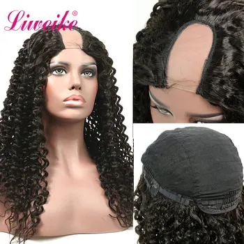 

Liweike Brazilian Deep Curly U Part Wig Remy Human Hair Glueless Wigs Natural 1B Color 150% 300% Density 2*4 Parting Space