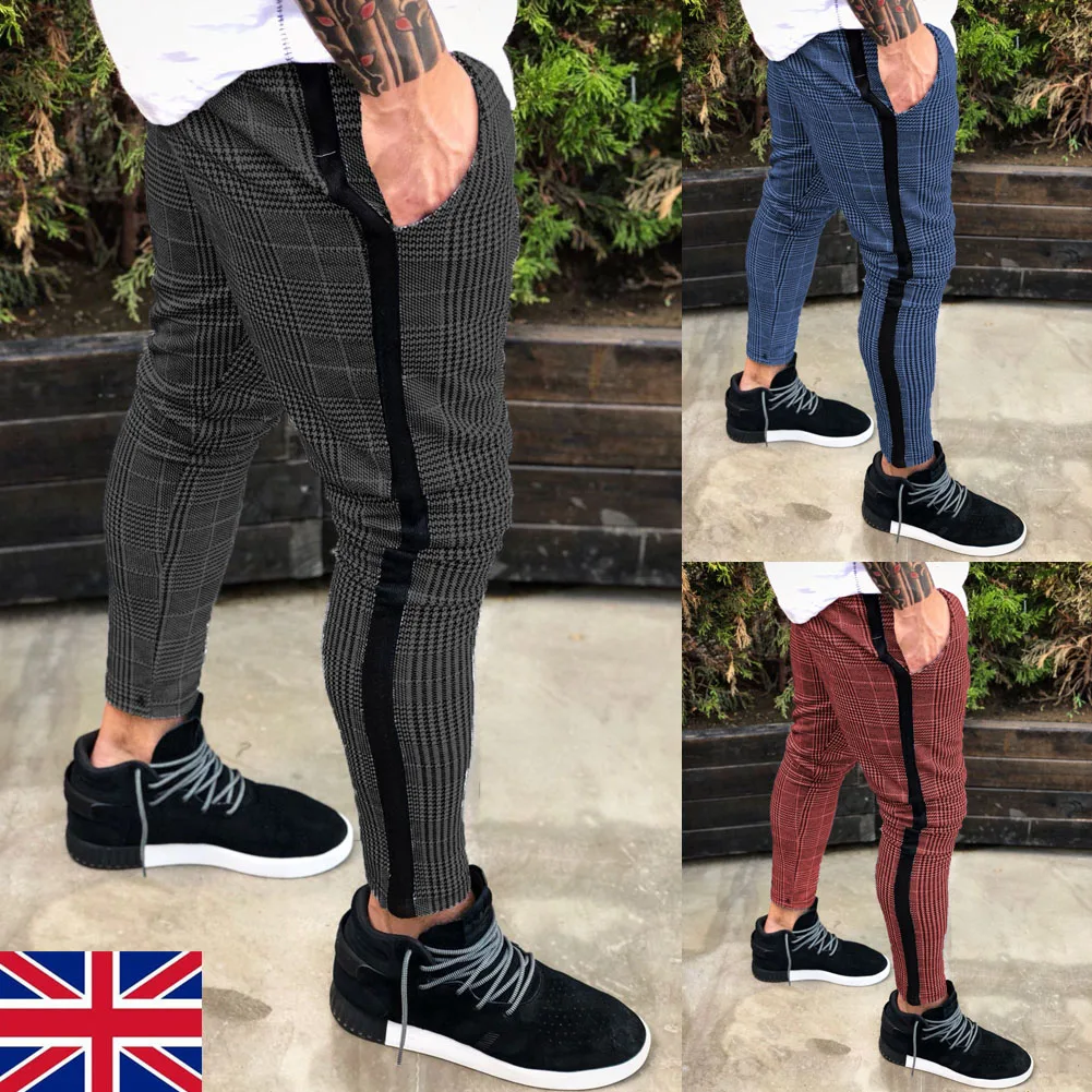 Newest arrival sexy plaid high waist solid Mens Gym Slim Fit Trousers Pants Tracksuit Casual Joggers Skinny Sports Bottoms M-3XL