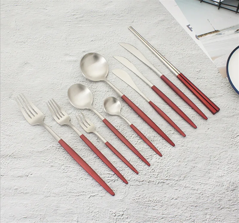 Столовый набор из нержавеющей стали столовые приборы посуда столовая вилка нож Совок Красные серебряные столовые приборы