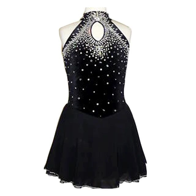 Cheap Customized Costume Ice Figure Skating Gymnastics Dress Competition Adult Child Girl Black Skirt Performance Neckline Rhinestone