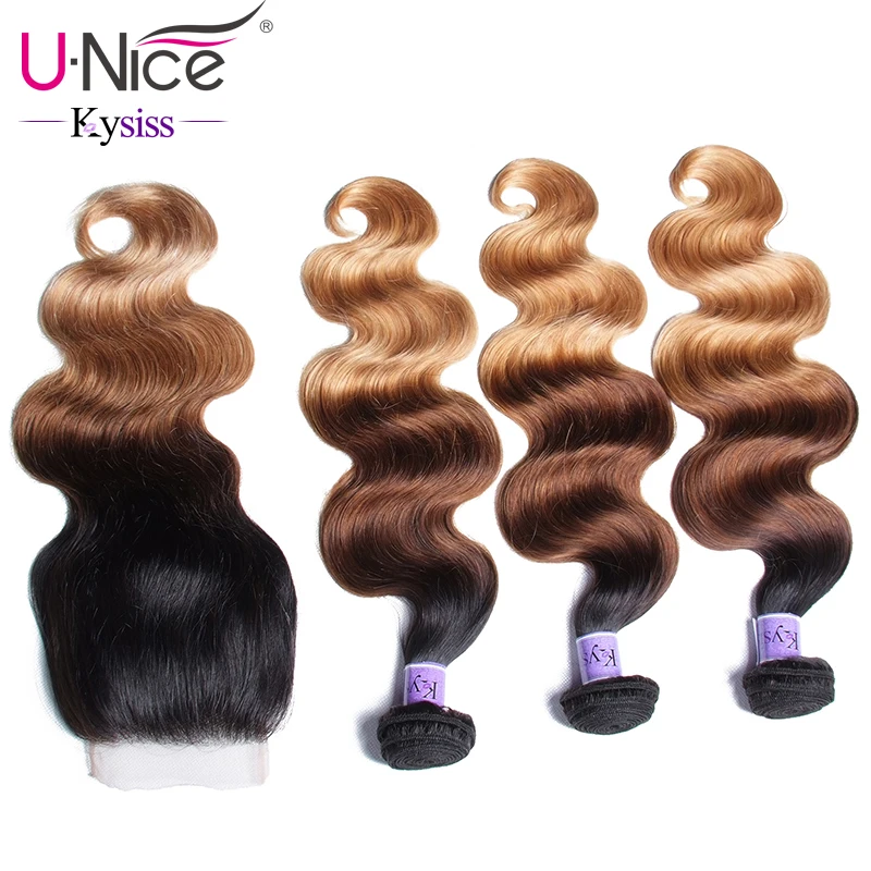 

UNice Hair Kysiss Series Malaysian Hair 3 Bundles With Closure T1B/4/27 Ombre Bundles With Closure 16-26 Inch Human Virgin Hair