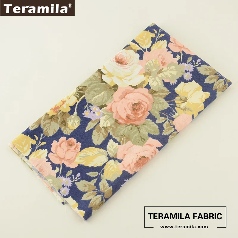 Teramila Fabric Cotton Blue Twill Material Bed Sheet Printed Blooming Flower Design Sewing Textile Scrapbooking Crafts CM