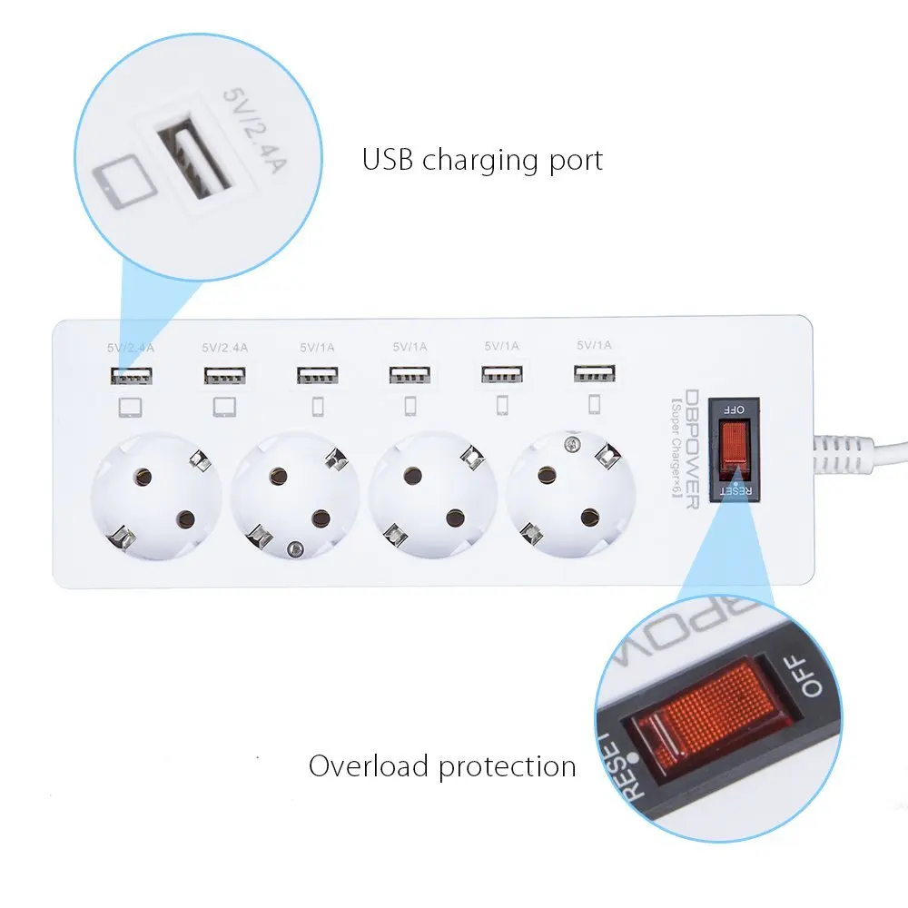 ДБ Мощность 6 USB 4 розетки полосы адаптер с выключателем для usb устройствам и