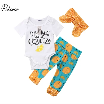 

2018 Brand New Newborn Toddler Infant Kid Baby Girl Floral Bodysuit Pants Leggings Headband 3Pcs Sets Outfit Lemon Clothes
