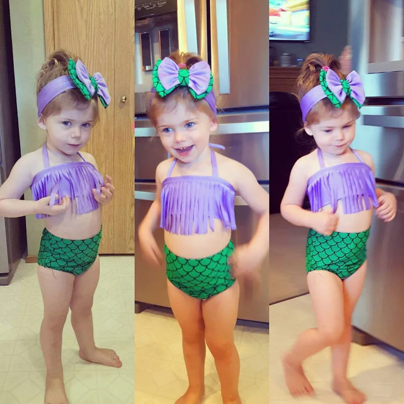 Children Baby Girls Bikini Sets 3PCS Tassel Halter Tops + High Waist