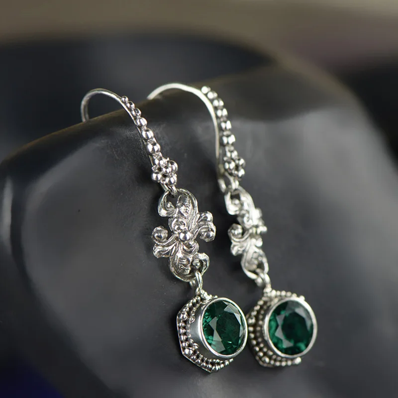 

Sterling Silver 925 Natural Stone Green Crystal Vintage Dangle Earrings For Women Jewellery Accessories Boucles D'Oreilles