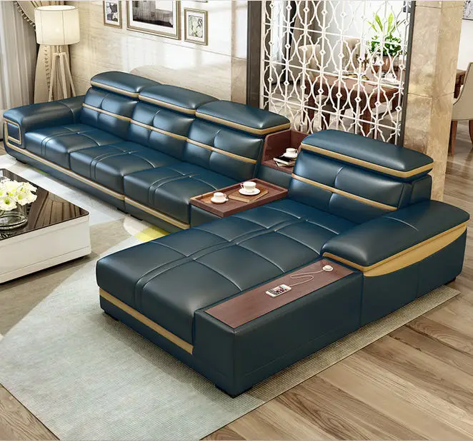 La esquina del sofá de la sala de sofá seccional real genuino sofás de cuero L con almacenamiento de taza de titular muebles de sala moveis para casa La esquina del sofá de la sala de sofá seccional real genuino sofás de cuero L con almacenamiento de taza de titular muebles de sala moveis para casa