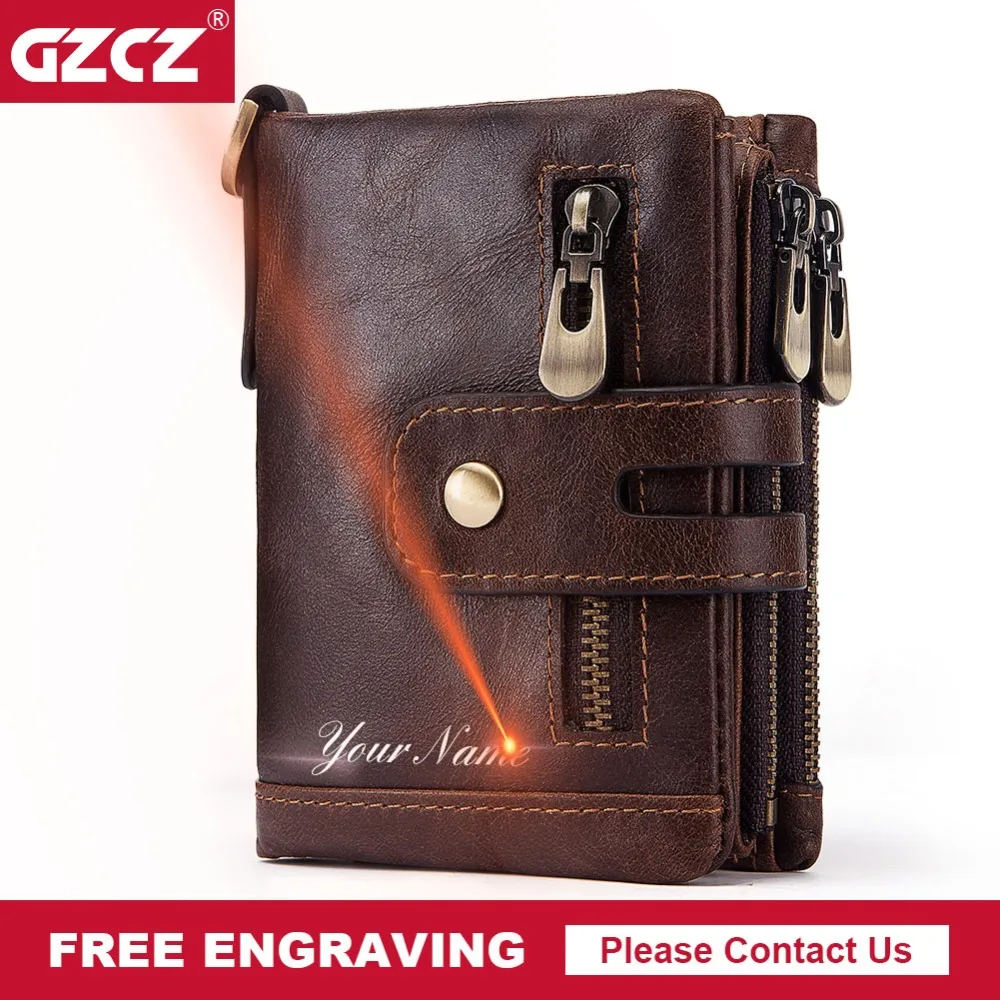 

GZCZ 100% Genuine Leather Rfid Wallet Men High Quality Crazy Horse Wallets Coin Purse Casual Short Male Money Bag Free Engraving