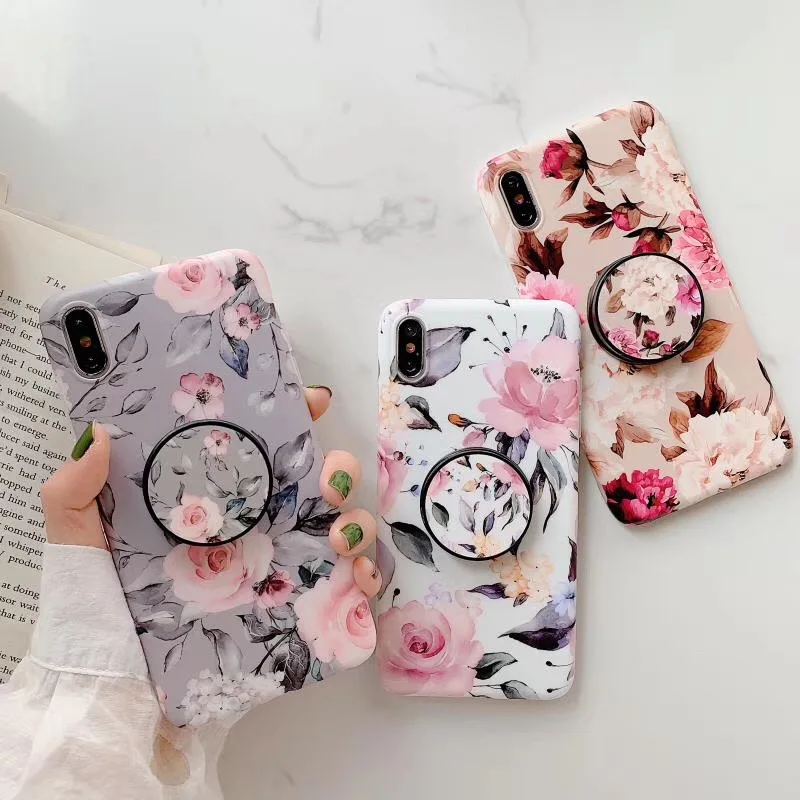 

Flower Fashion Case For iPhone 8 Plus 7 6S Plus Silicone Case Soft Cover Shell For iPhone X XS XR X Max Cover Holder Grip Stand