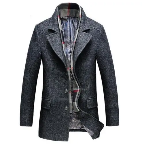 Winter Fashion Business Men's Casual Wool Trench Long Thicken Slim Overcoat Jacket Male woolen tweed windbreake Coat - Цвет: Dark gray A