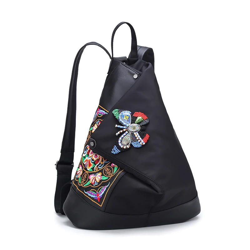 KVKY, фирменный Национальный женский рюкзак, Нейлоновый, для колледжа, студентов, школьная сумка, винтажная, для девочек, женская, с вышивкой, сумка для путешествий, Mochila - Цвет: black