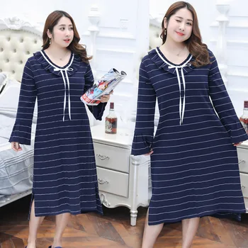 

Casual V Neck Sleep Dress Women Lingerie Long Sleeve Mid-Calf Silk Nightgown Nightdress Striped Sleepwear Homewear