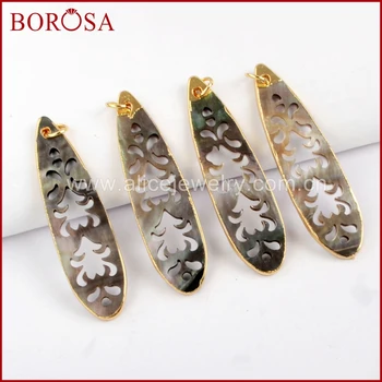 

BOROSA 10PCS Long Teardrop Carved Rainbow Shell Charm Gold Color Natural Shell Jewelry for Necklace/Earrings Making G1599