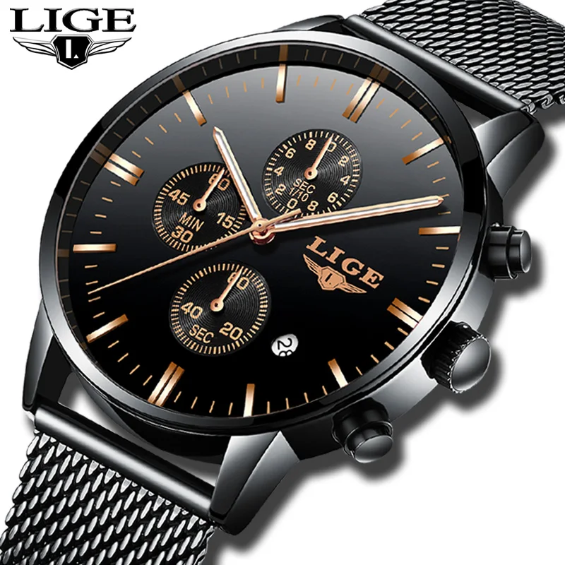 LIGE Mens Watches Luxury Brand Fashion Quartz Clock Men's Sports Watch For Men All Steel Military Waterproof Watch 