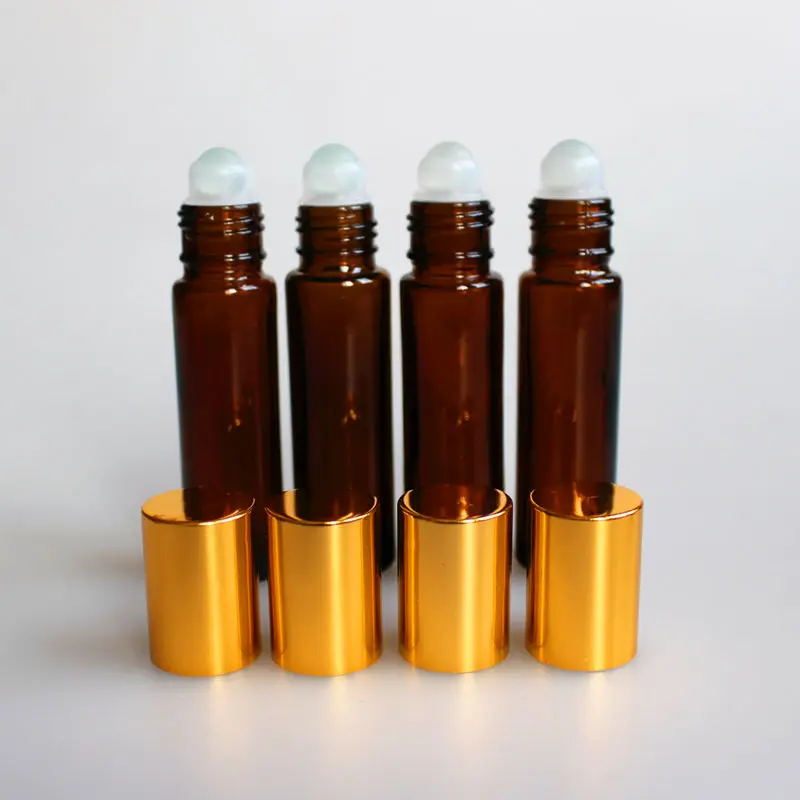 

1pc/5pcs 10ML Thick Amber Glass Roll On Perfume Bottle Glass Essential Oil Vials with Glass Roller Ball and Shiny Gold Cap