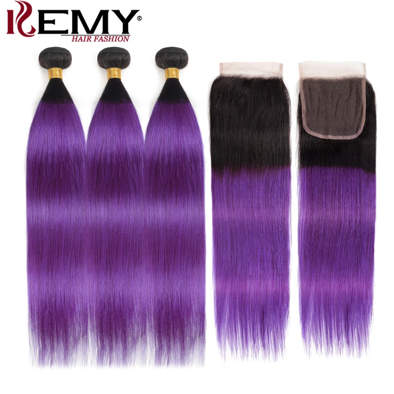 Бразильские прямые человеческие волосы пучки с закрытием 4*4 kemy Hair Омбре фиолетовые 3 пучки с закрытием кружева не Реми волосы ткет