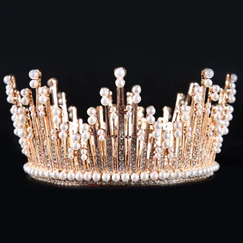 

Heavy Woman Men Pageant King Crown Prom Accessories KC Gold Gold Color Full Circle Round Tiara Wholesale 320g 8.5*15cm