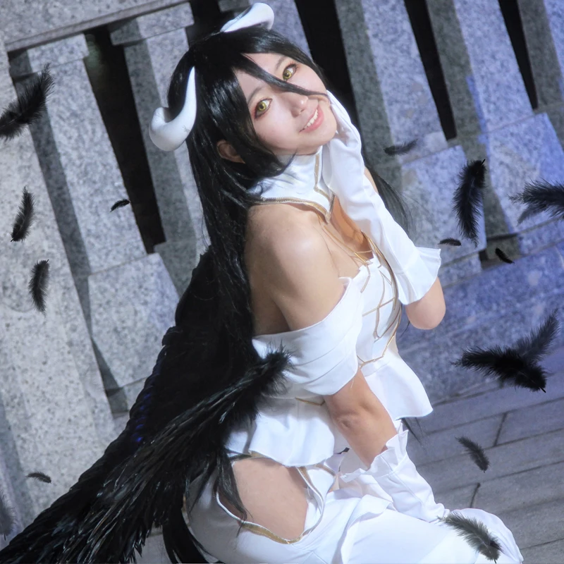 Cosroad Overlord Albedo Cosplay Costumes Women White Dress Horns Wigs for Halloween Party (8)
